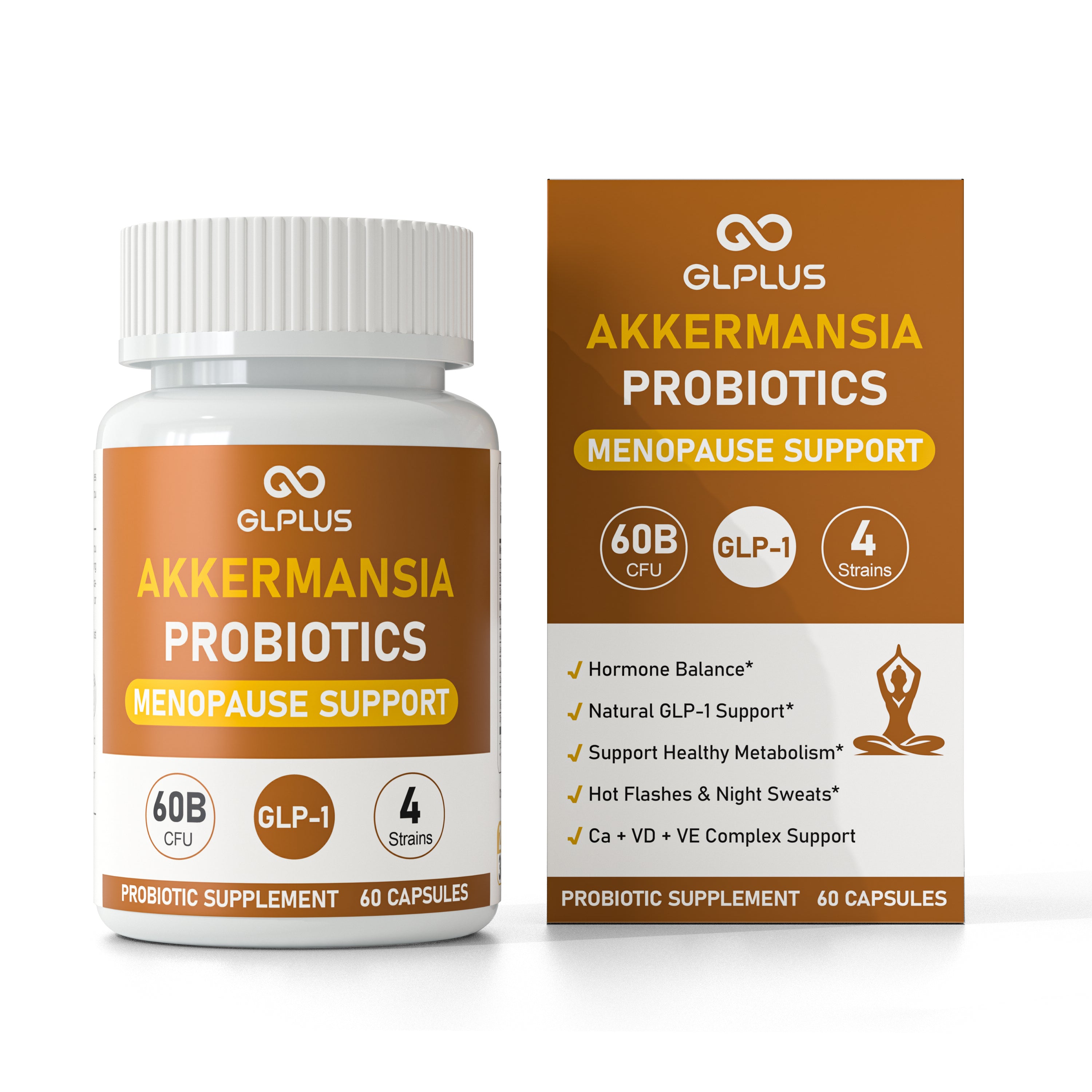 GLPlus Akkermansia Probiotics for Women – 60B CFU, 4 Strains – Natural GLP-1 Support, Gut & Metabolism Balance, Menopause Relief, Hormone & Weight Management, 60 Capsules